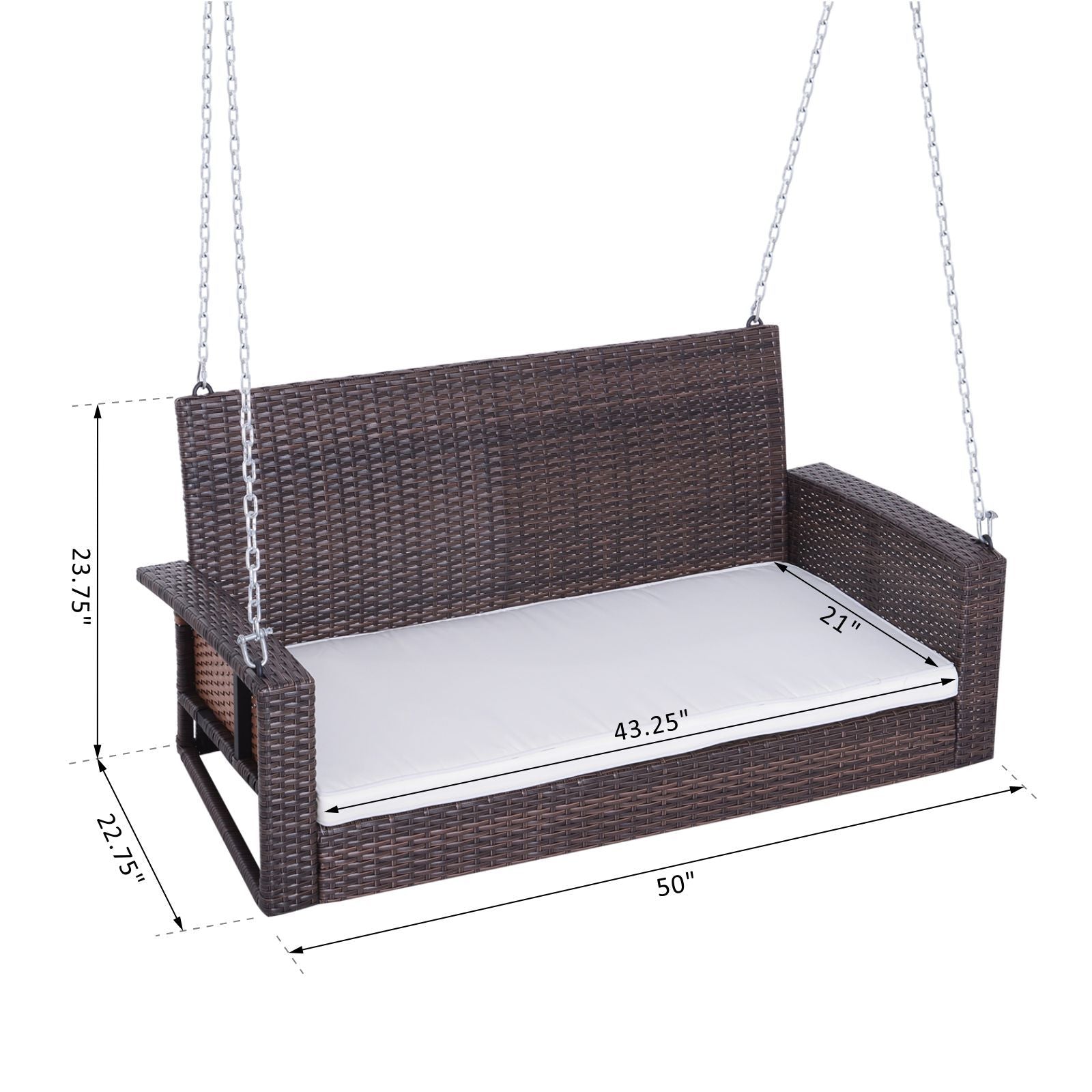 Outsunny 2 Person Wicker Hanging Swing Bench, Front Porch Swing Outdoor Chair With Cushions 550 Lbs. Weight Capacity For Backyard, Garden, Cream White Brown Rattan Metal