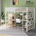 Full Size Metal Loft Bed With Storage Staircase And Small Wardrobe, Built In Desk And Storage Shelves, White Full White Metal