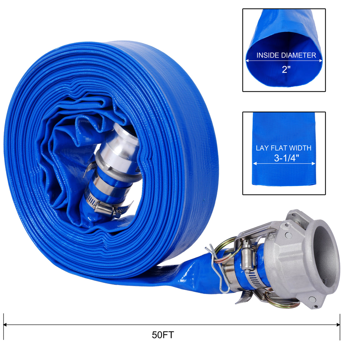 2"X50Ft Pool Backwash Hose, Heavy Duty Reinforced Blue Pvc Lay Flat Water Discharge Pump Hoses For Swimming Drain Pools And Clean Filters, With Aluminum Camlock C And E Fittings Blue Pvc