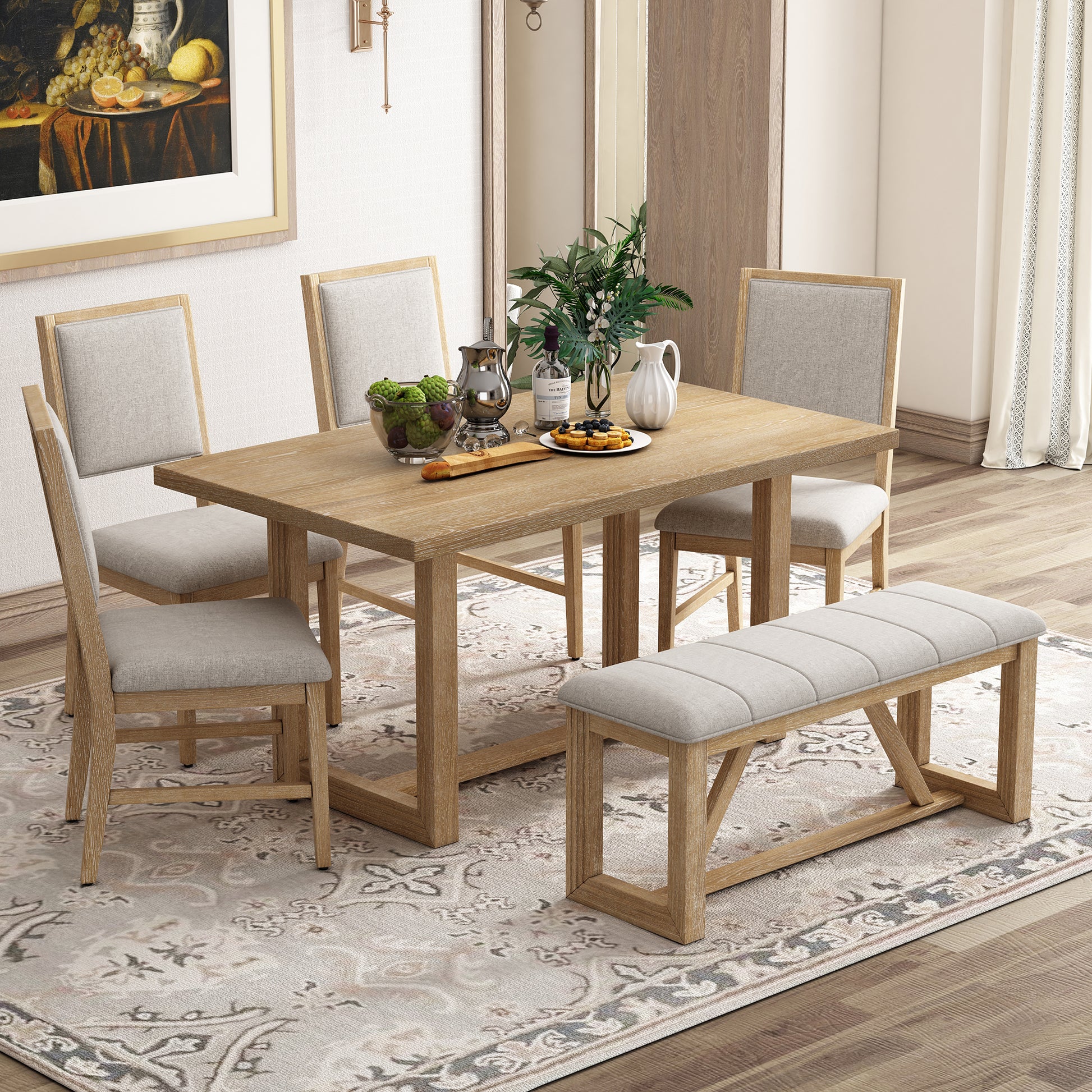 6 Piece Retro Dining Set, 1 Rectangular Table With Designed Trestle Base And 4 Upholstered Chairs And 1 Bench For Dining Room And Kitchen Natural Natural Solid Wood Mdf