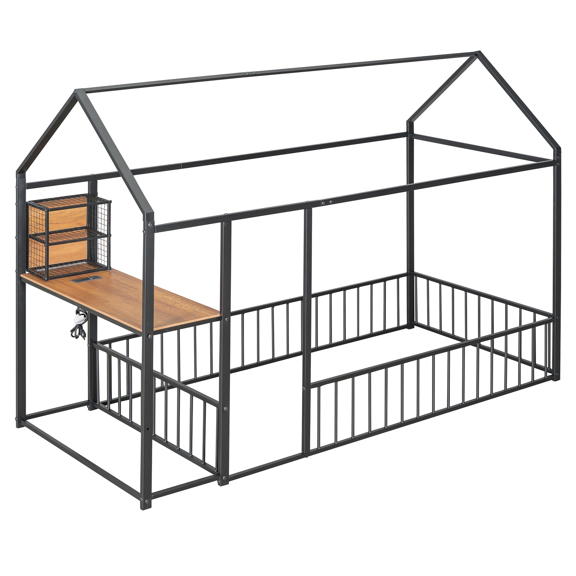 Twin Size Metal Bed House Bed Frame With Desk, Shelves, Power Outlets And Usb Ports, Black Twin Black Metal