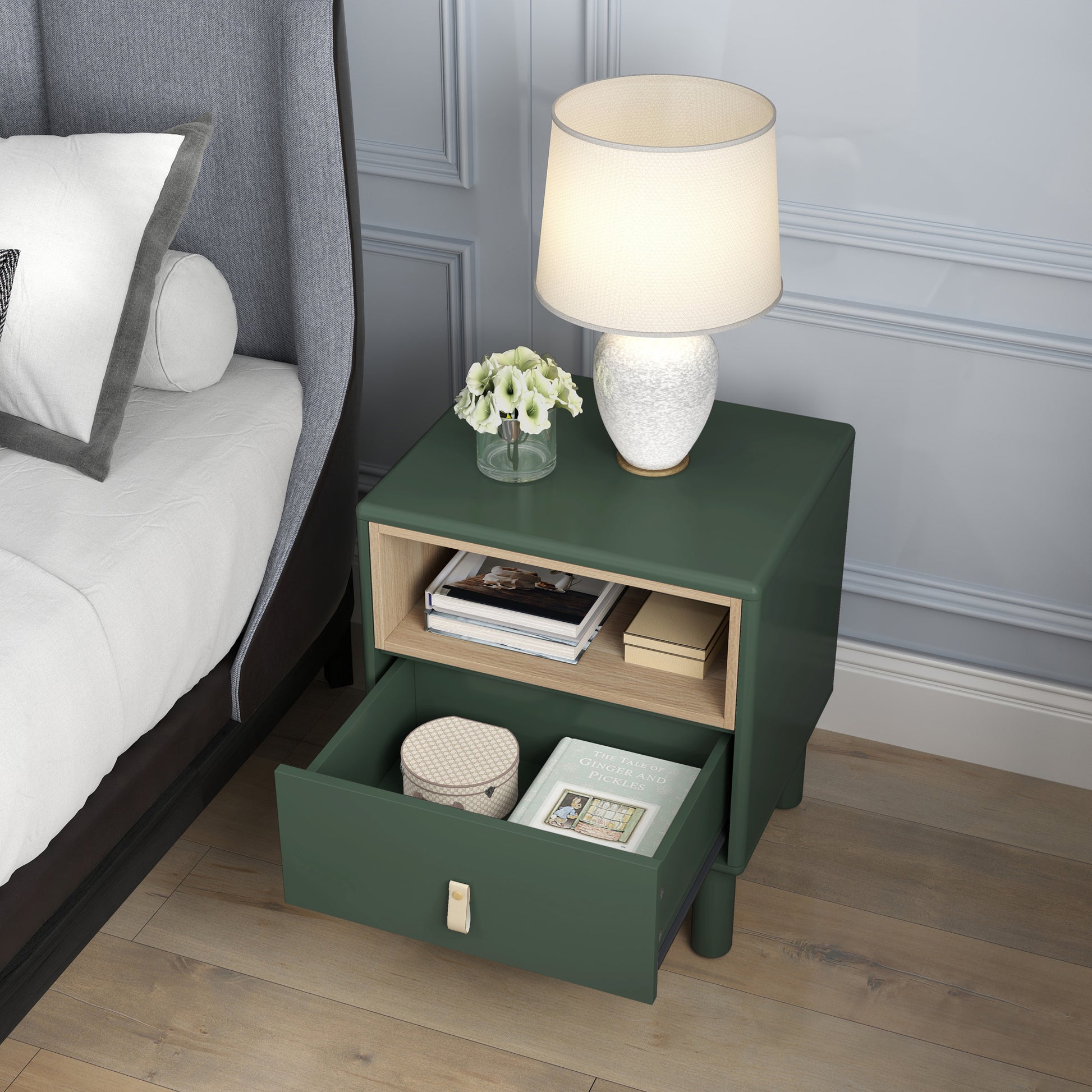 Single Drawer Bedside Table, Modern Style Bedside Table, Wooden Bedside Table, Bedside Table With Drawer, Side Table With Drawer, Compact Bedside Table, Nordic Style Bedside Table Green Solid Wood