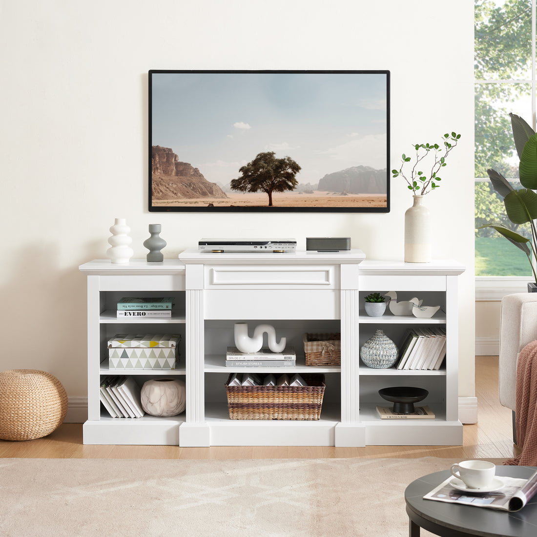 Media Console Table With Large Storage Cabinet, Modern Tv Media Entertaionment Stand, White, 65.75"W*17"D*32.48"H White 39 Inches Or Less Mdf