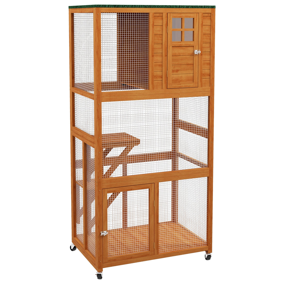 Pawhut 74" Wooden Outdoor Cat House Weatherproof & Wheeled, Catio Outdoor Cat Enclosure With High Weight Capacity, Kitten Cage Condo, Orange Orange Wood