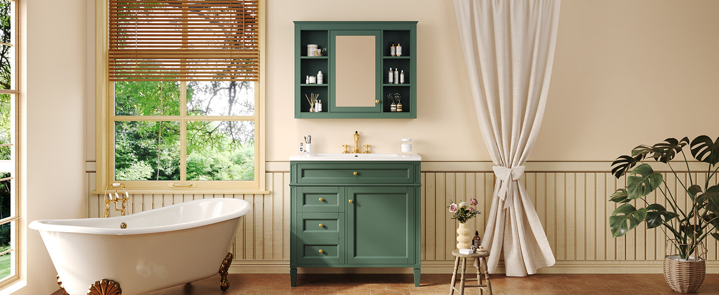 36'' Bathroom Vanity With Medicine Cabinet, Royal Blue Mirror Cabinet, Modern Bathroom Storage Cabinet With 2 Soft Closing Doors And 4 Drawers, Single Sink Bathroom Vanity 3 Green 1 5 Bathroom Freestanding Modern Solid Wood Mdf Resin Painted