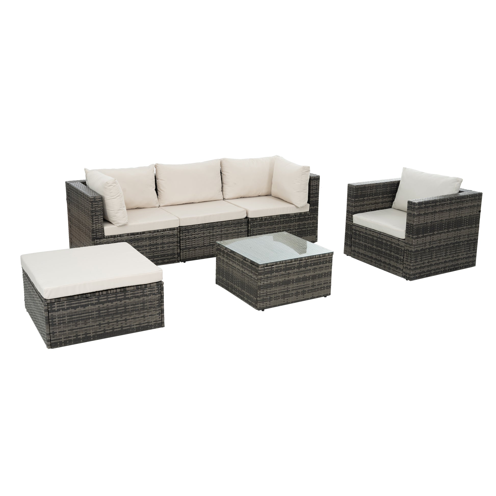Patio Furniture, Outdoor Furniture, Seasonal Pe Wicker Furniture, 6 Set Wicker Furniture With Tempered Glass Coffee Table Dark Gray Seats 4 Pe Rattan Iron Waterproof Fabric