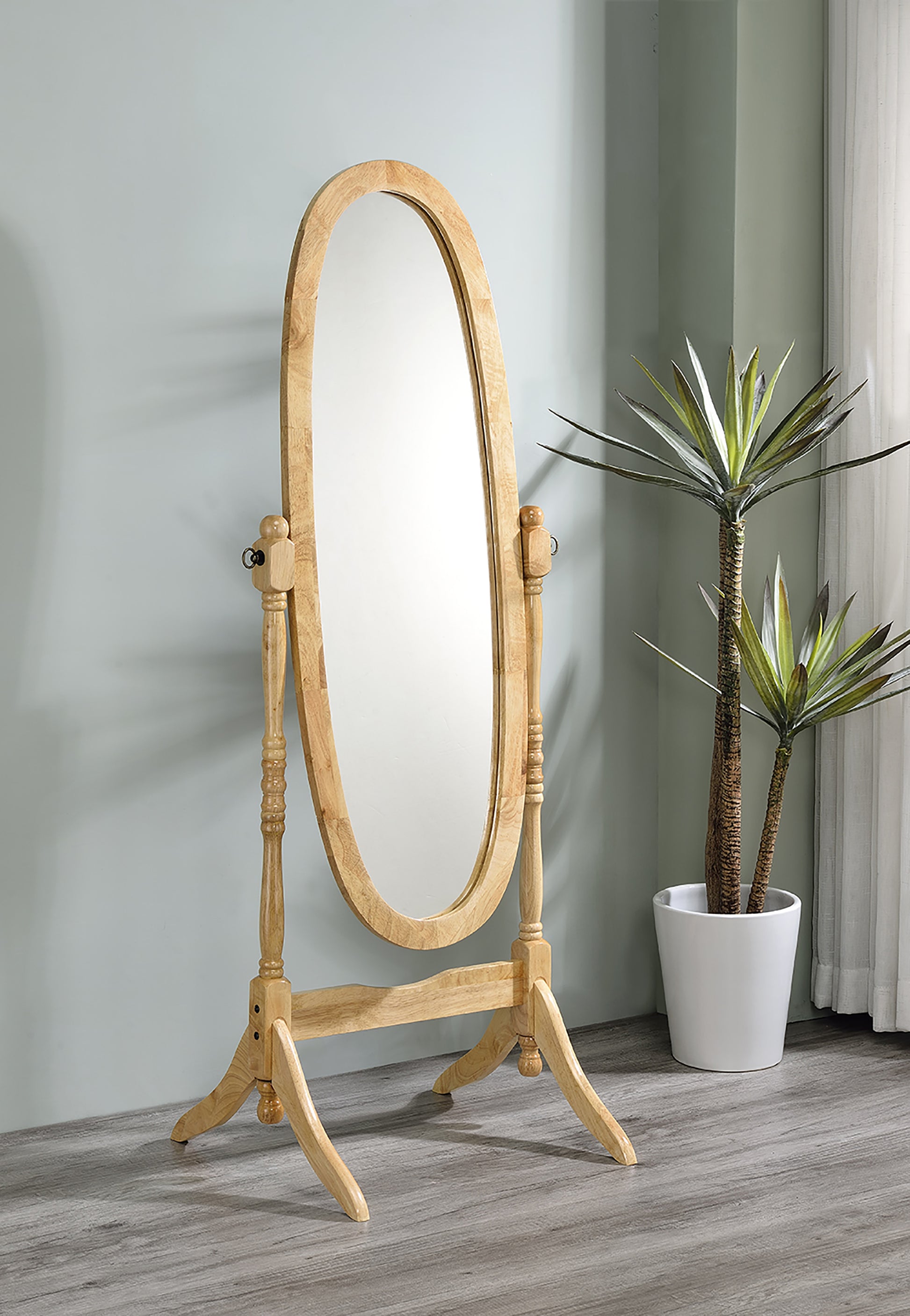 59.25" Tall Standing Wooden Floor Mirror With Natural Finish, Oval Shape Natural Wood