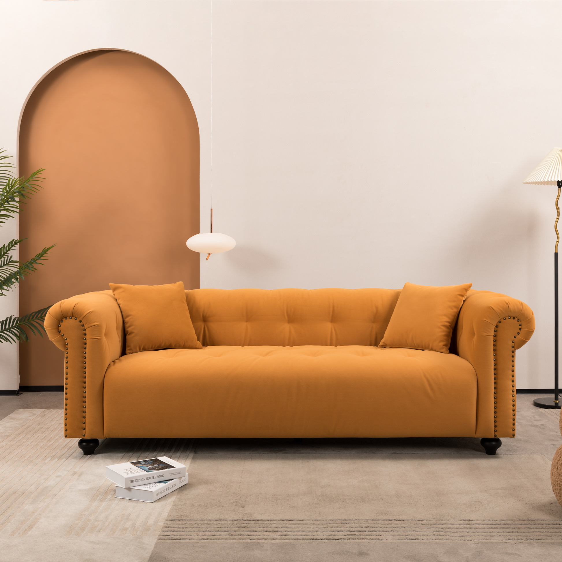 Wks12 Retro Medieval Style Sofa, Orange, Full Installation Only Needs To Install Feet Can Be Used, With 2 Throw Pillows Orange Retro Fabric 2 Seat