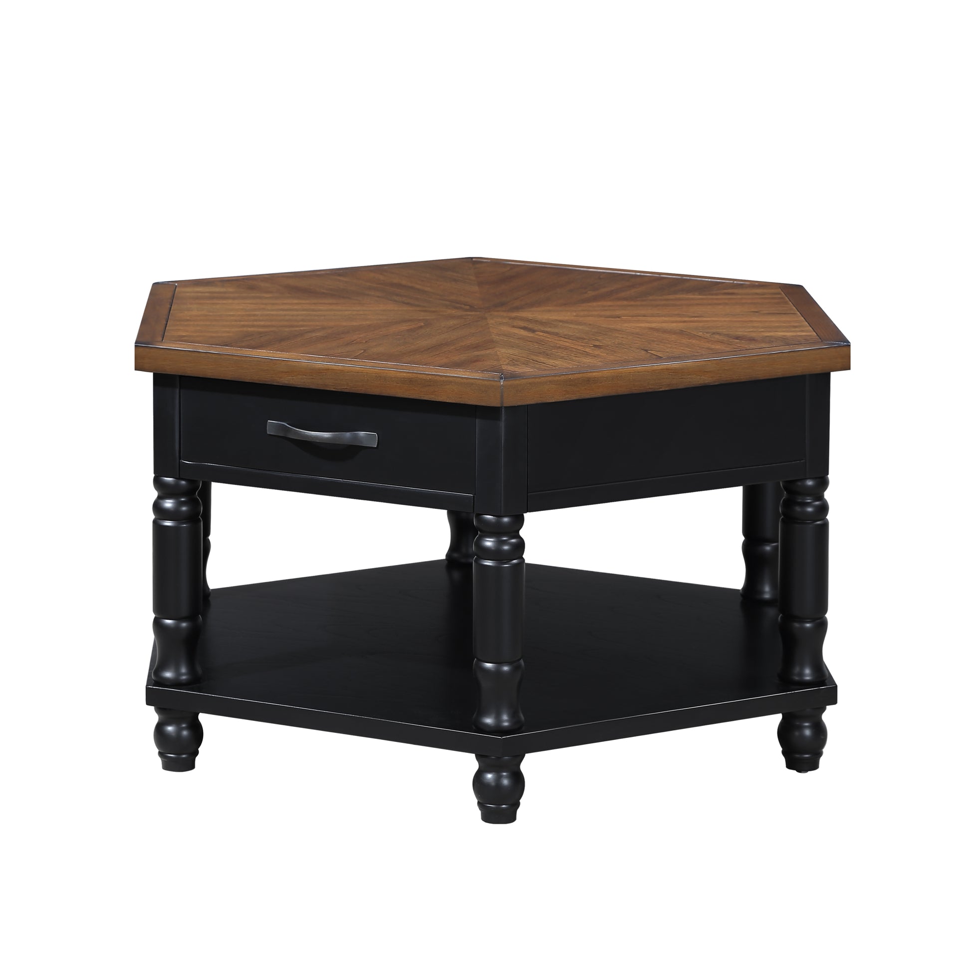 2 Tier Retro Hexagon Living Room Solid Wood Coffee Table With Shelf & Drawer, 36'' Mid Century Center Coffee Table For Living Room, Office. Black And Cherry Top Black Pine