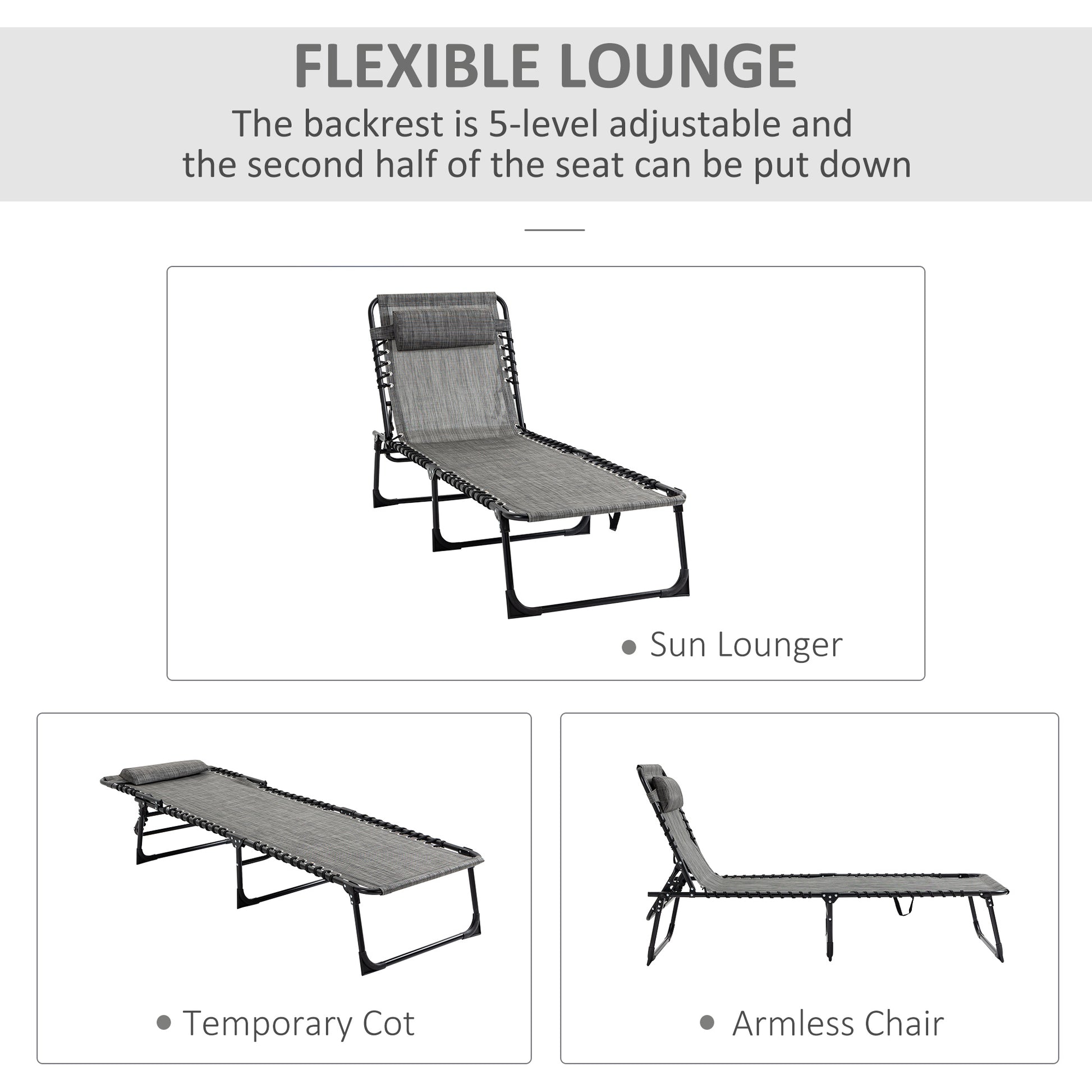 Outsunny Reclining Chaise Lounge Chair, Portable Sun Lounger, Folding Camping Cot, With Adjustable Backrest And Removable Pillow, For Patio, Garden, Beach, Grey Gray Fabric
