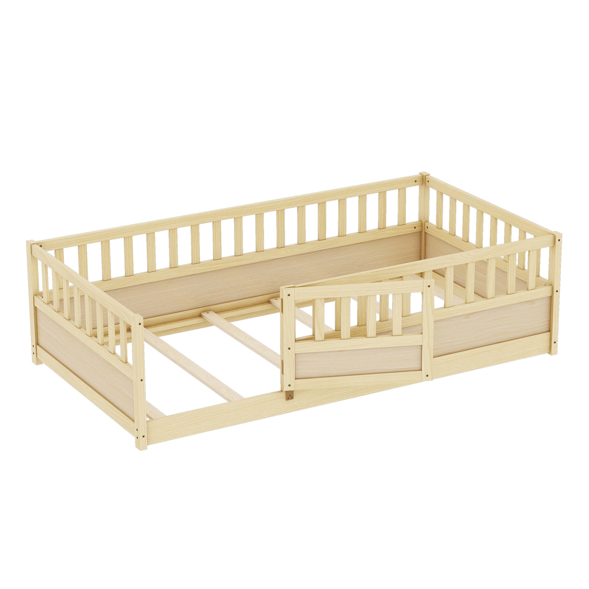 Twin Size Floor Bed, Integral Construction With Super High Security Barrier, Door, Children'S Floor Bed Frame, Montessori Wooden Children'S Floor Bed, Support Slat Natural Wood Box Spring Required