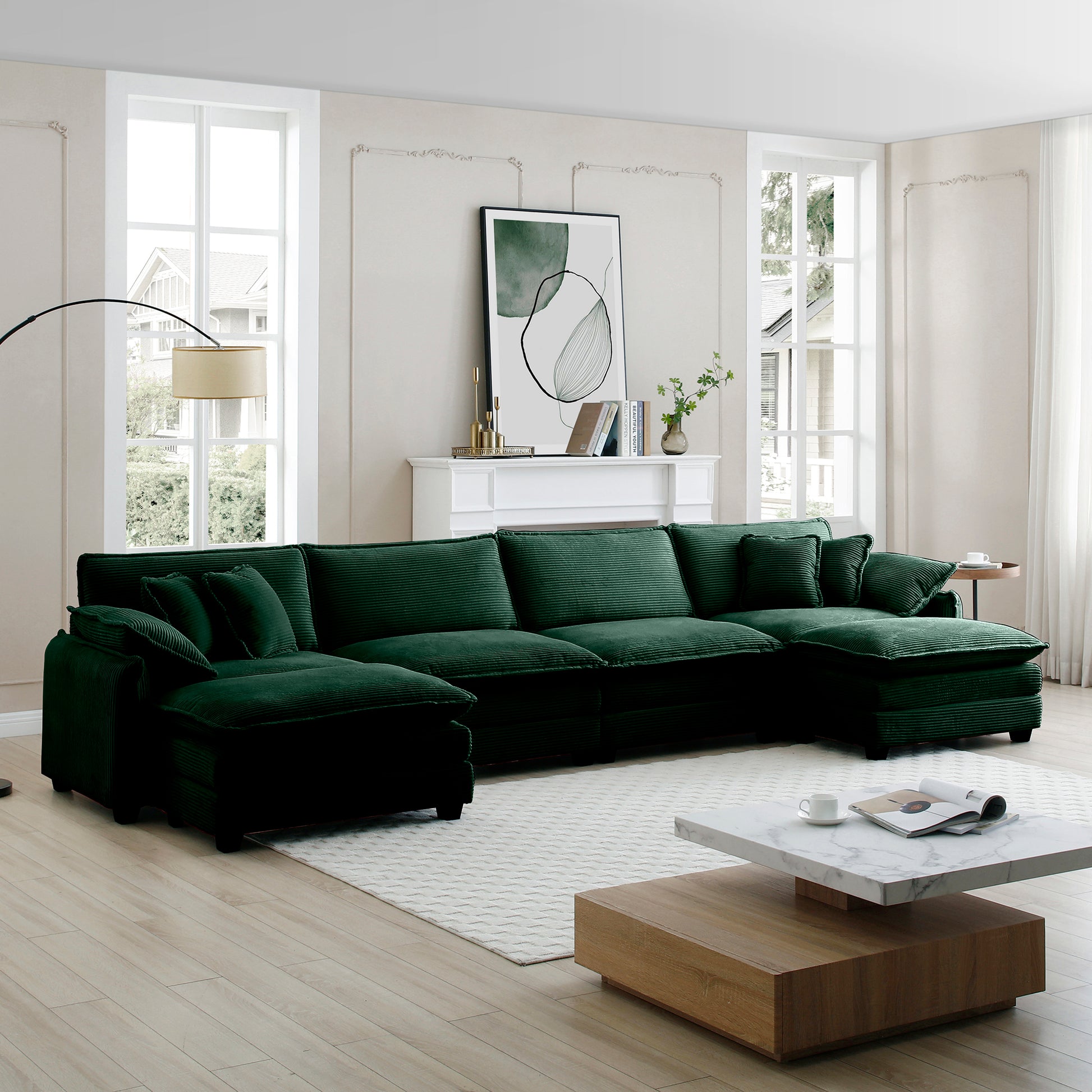 Over Size U Shape Corduroy Sofamodern Upholstered 4 Seater Sofa With 2 Ottomans, Premium Soft Corduroy Fabric Sofa Green Corduroy 4 Seat