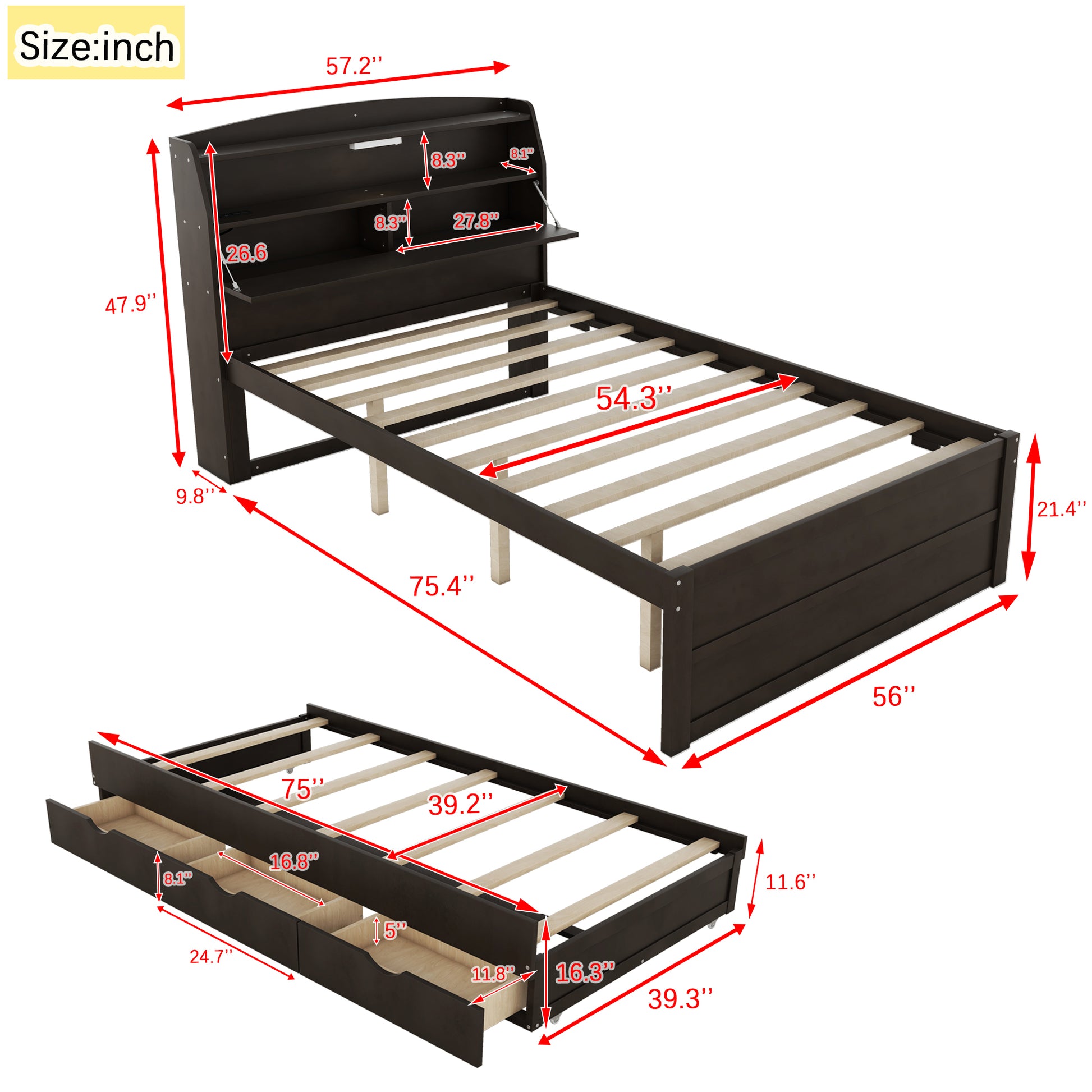 Full Size Wooden Led Platform Bed With Trundle, With Storage Headboard, With Drawers, Brown Full Brown Plywood