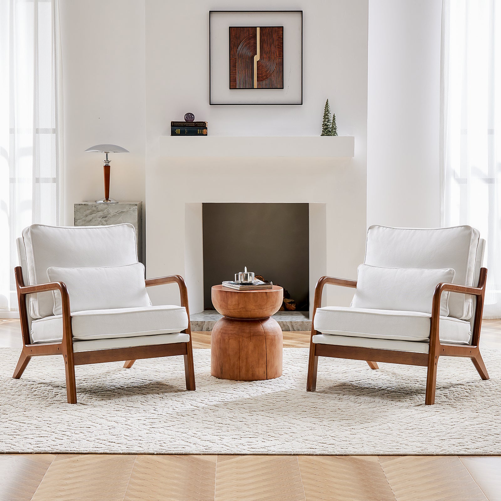 Chair With Lumbar Pillow, Lounge Arm Chairs, Linen Fabric Comfy Reading Chair With Wood Frame For Living Room Beige Acacia Wood