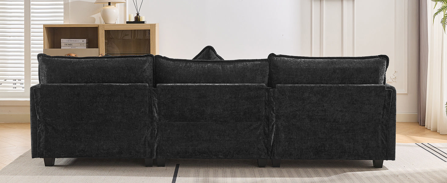 112.2" L Shape Chenille Upholstered Sofa For Living Room Modern Luxury Sofa Couch With Ottoman And 5 Pillows For Living Room Sg001160Aa , Black Black Foam 4 Seat