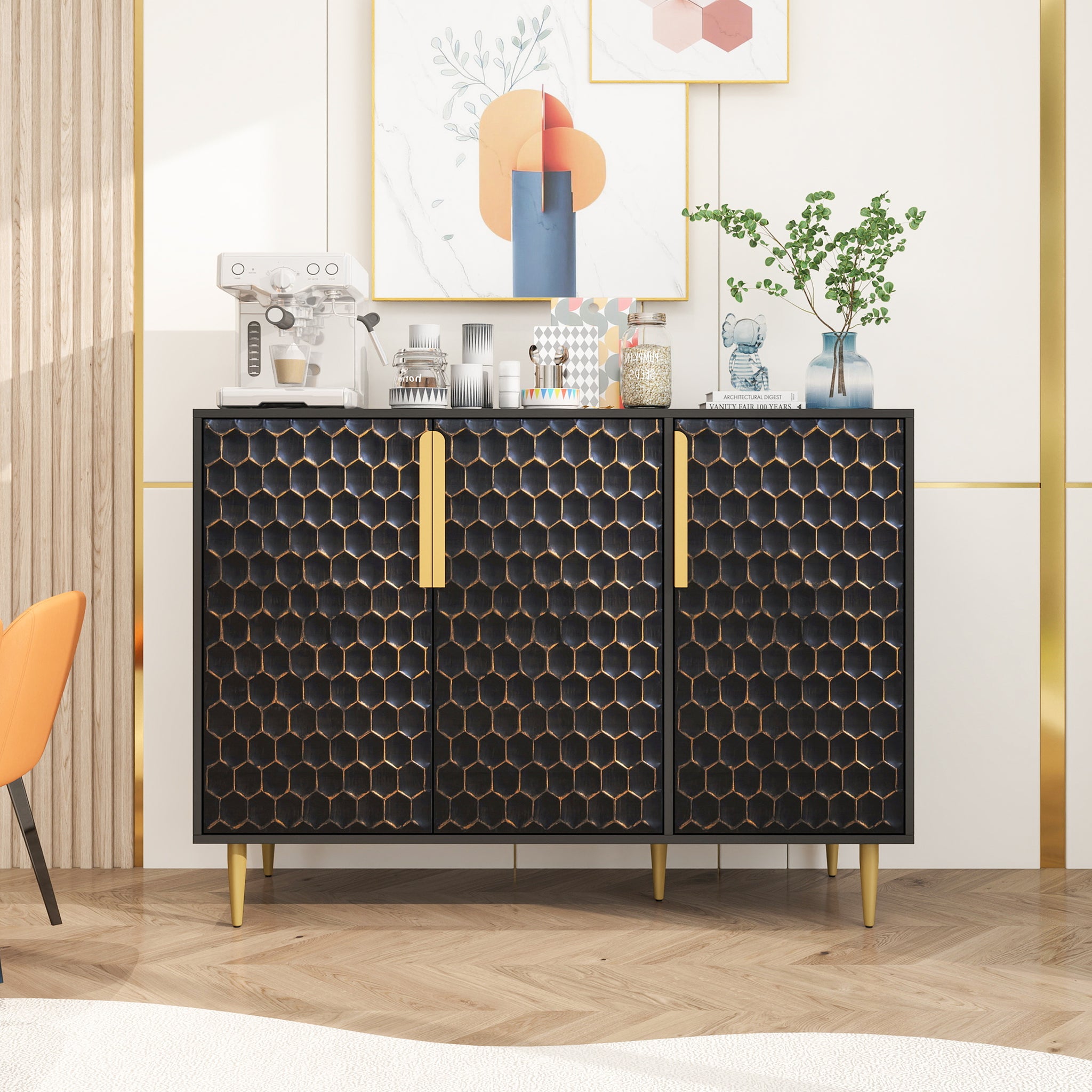 3 Door Storage Cabinet,Buffeet Sideboard With Adjustable Shelves,Honeycomb Seamless Hexagons Pattern Metal Door For Living Room,Dinging Room,Kitchen,Entrance Black Modern Iron,Particle Board Mdf