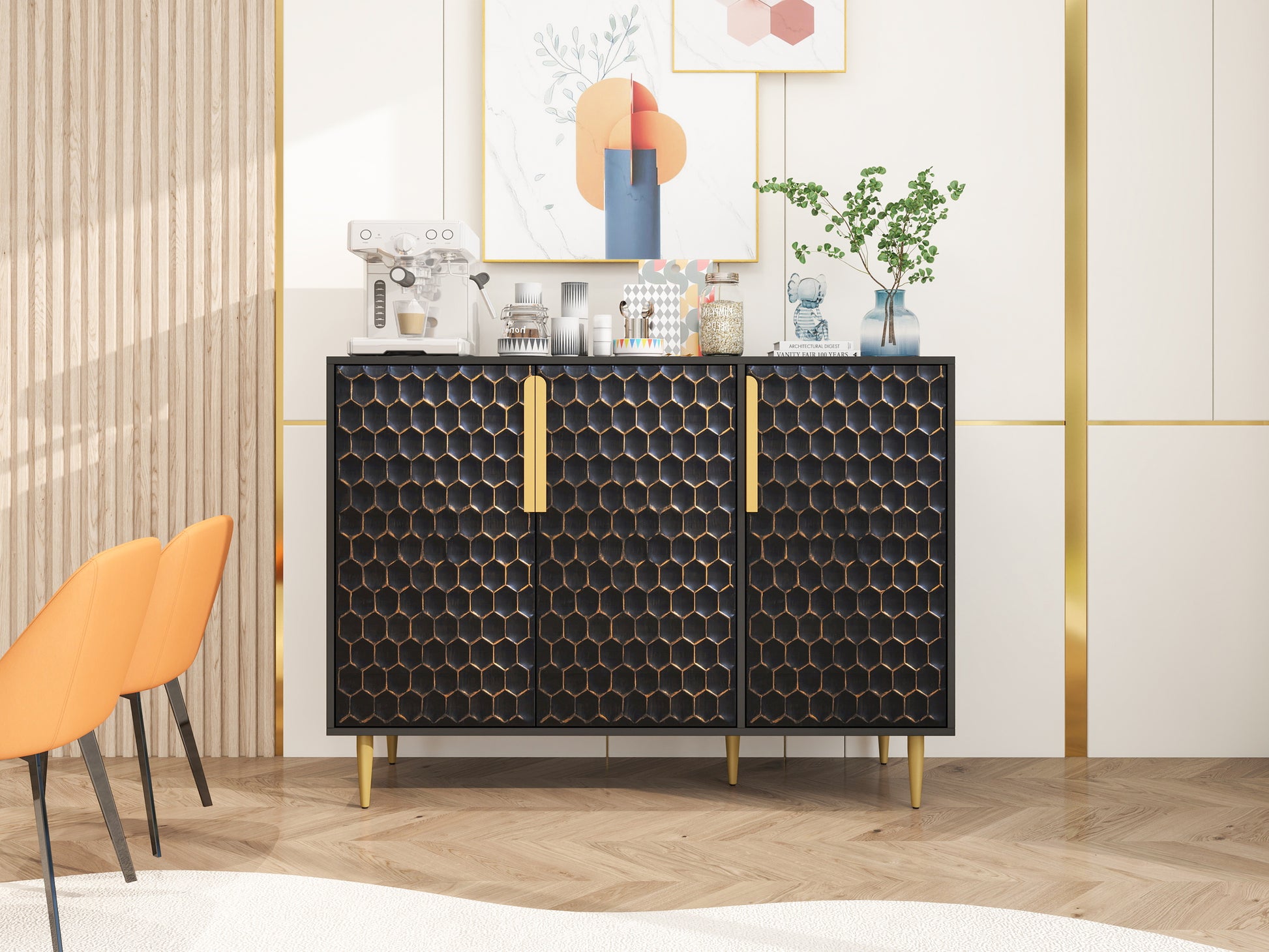 3 Door Storage Cabinet,Buffeet Sideboard With Adjustable Shelves,Honeycomb Seamless Hexagons Pattern Metal Door For Living Room,Dinging Room,Kitchen,Entrance Black Modern Iron,Particle Board Mdf