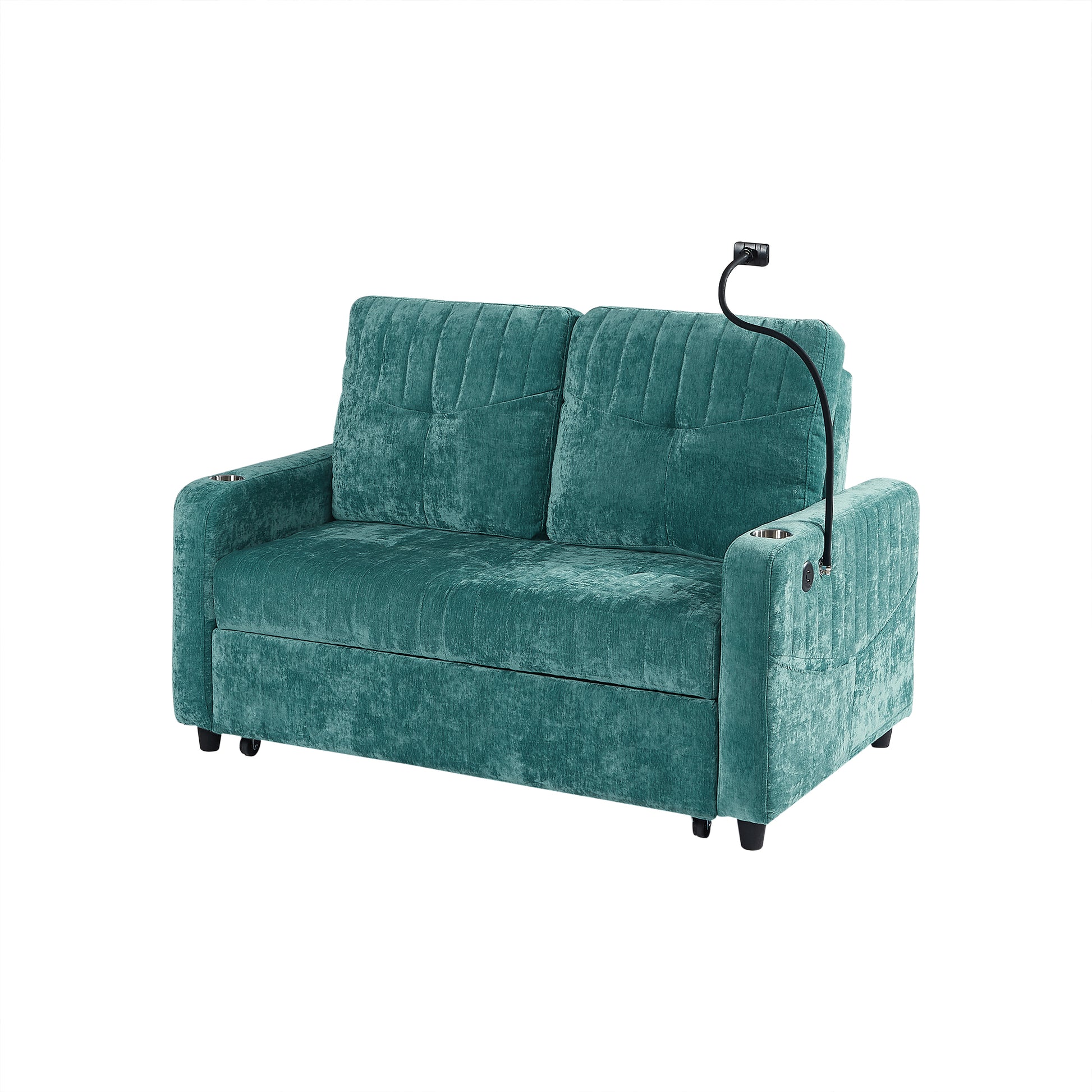 53.9" Modern Loveseat Pull Out Sofa Bed With Adjustable Backrest, Two Cup Holdersa Phone Holder, Three Charging Ports And Side Storage Pockets For Living Room, Teal Teal Foam Chenille