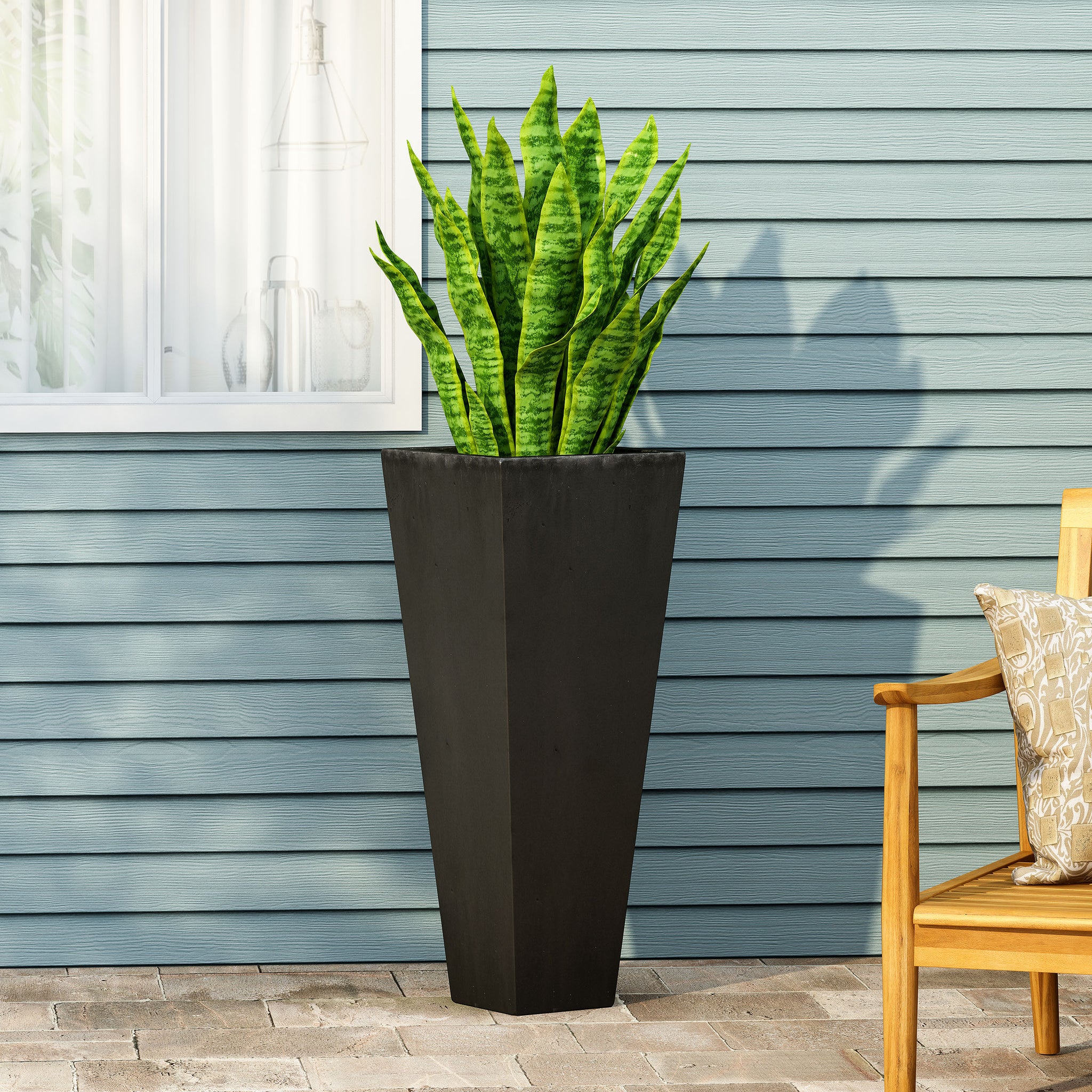 13" X 32.5" Outdoor Modern Mgo Cast Stone Planter, Black Black Magnesium Oxide