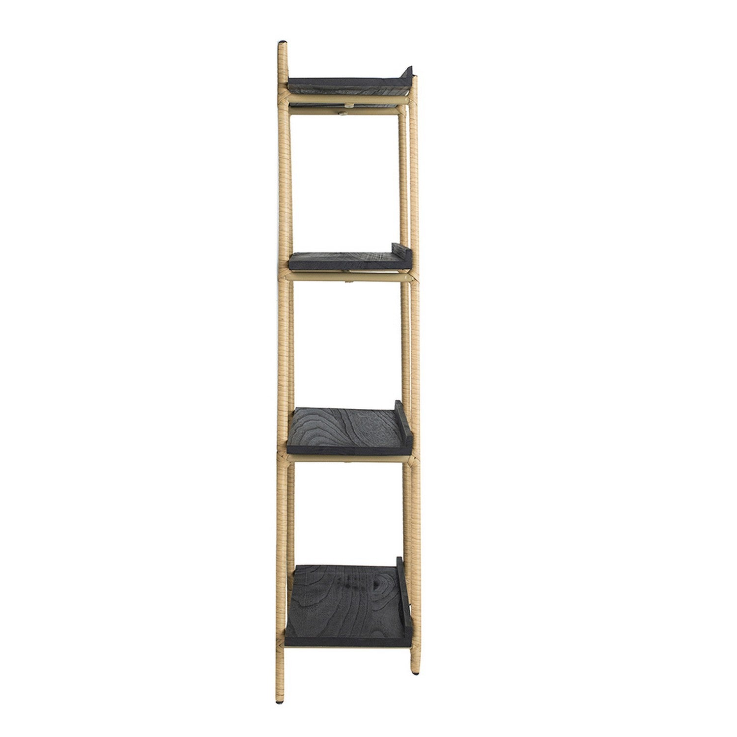 44 Inch Modern Wood Four Tier Shelf, Natural Rattan Braiding, Gold, Black Black Wood Metal