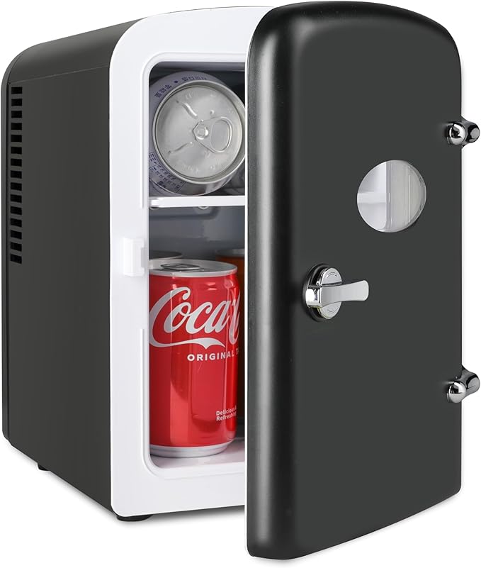 4L Portable Mini Fridge Warmer And Cooler Six 12Oz Cans Compact Refrigerator, 100% Freon Free & Eco Friendly, 4 L, Black Black Plastic
