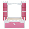 Castle Shaped Wooden Bed With Storage Shelf, Dreamy Twin Size Platform Bed For Kids Bedroom, Pink White Expected Arrival Time:8.14 Twin Pink White Wood