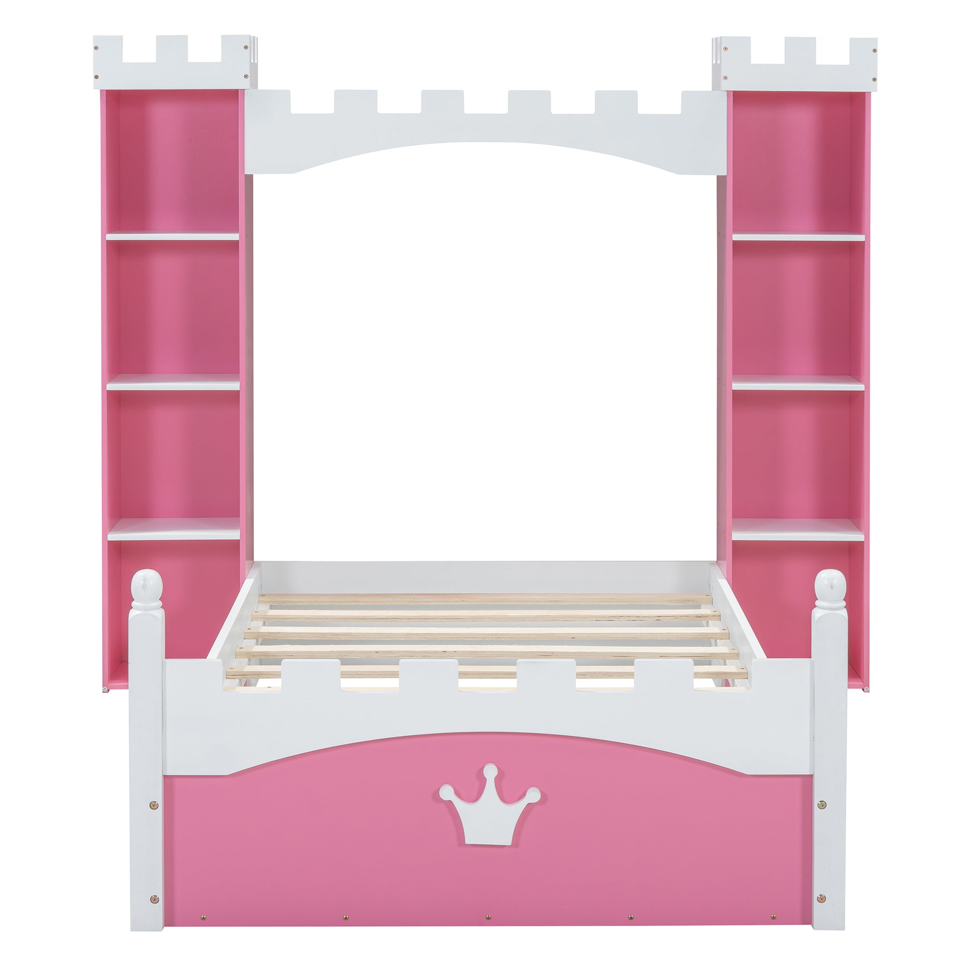 Castle Shaped Wooden Bed With Storage Shelf, Dreamy Twin Size Platform Bed For Kids Bedroom, Pink White Expected Arrival Time:8.14 Twin Pink White Wood