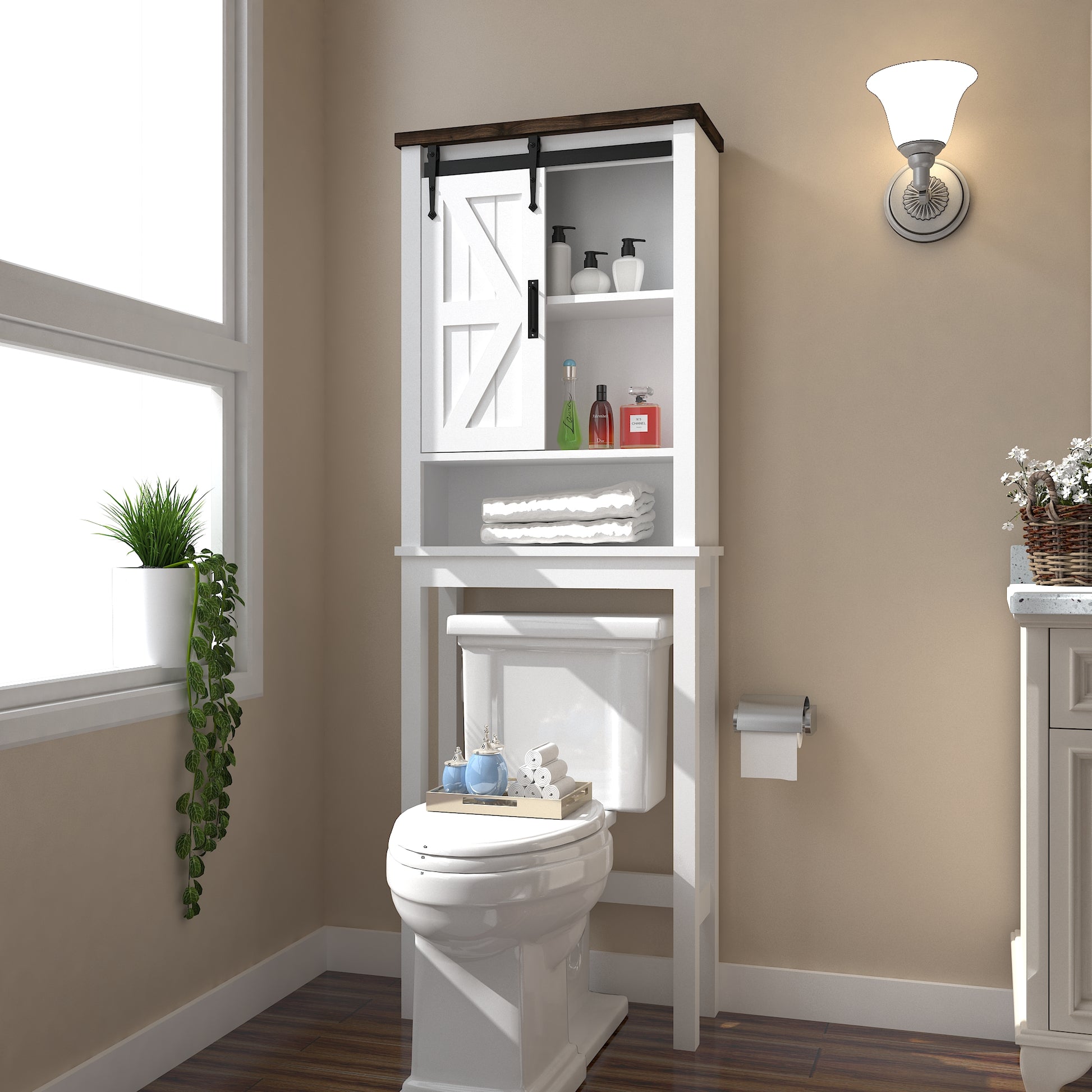 Over The Toilet Storage Cabinet, Farmhouse Above Toilet Storage Cabinet With Adjustable Shelves & Sliding Barn Doors, Organizers Over Toilet For Bathroom, Living Room, White White Vintage 1 Bathroom