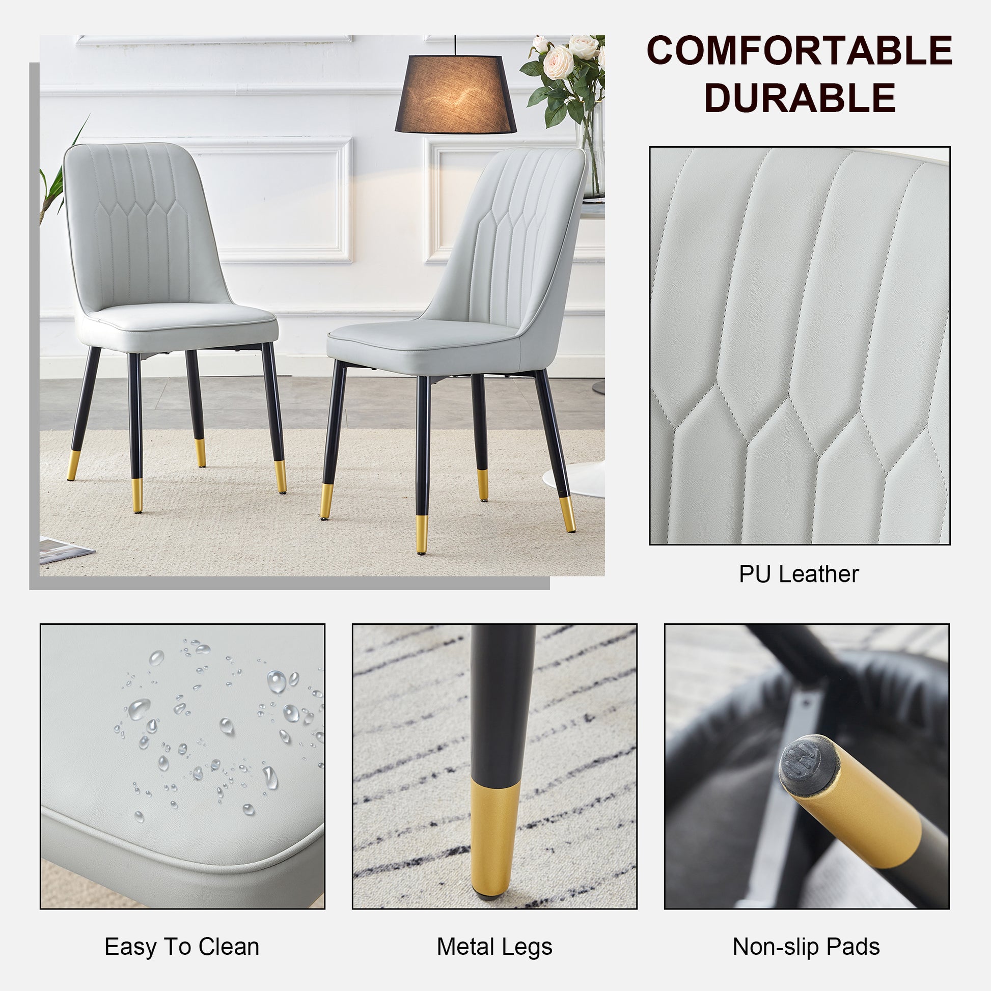 Table And Chair Set.A Morden Table With White Imitation Marble Patterned Stone Burning Tabletop With Golden Metal Legs.Paried With 4 Chairs With Pu Leather Backrest And Black Metal Legs. Light Gray,White Gold Seats 4 Metal,Sintered Stone