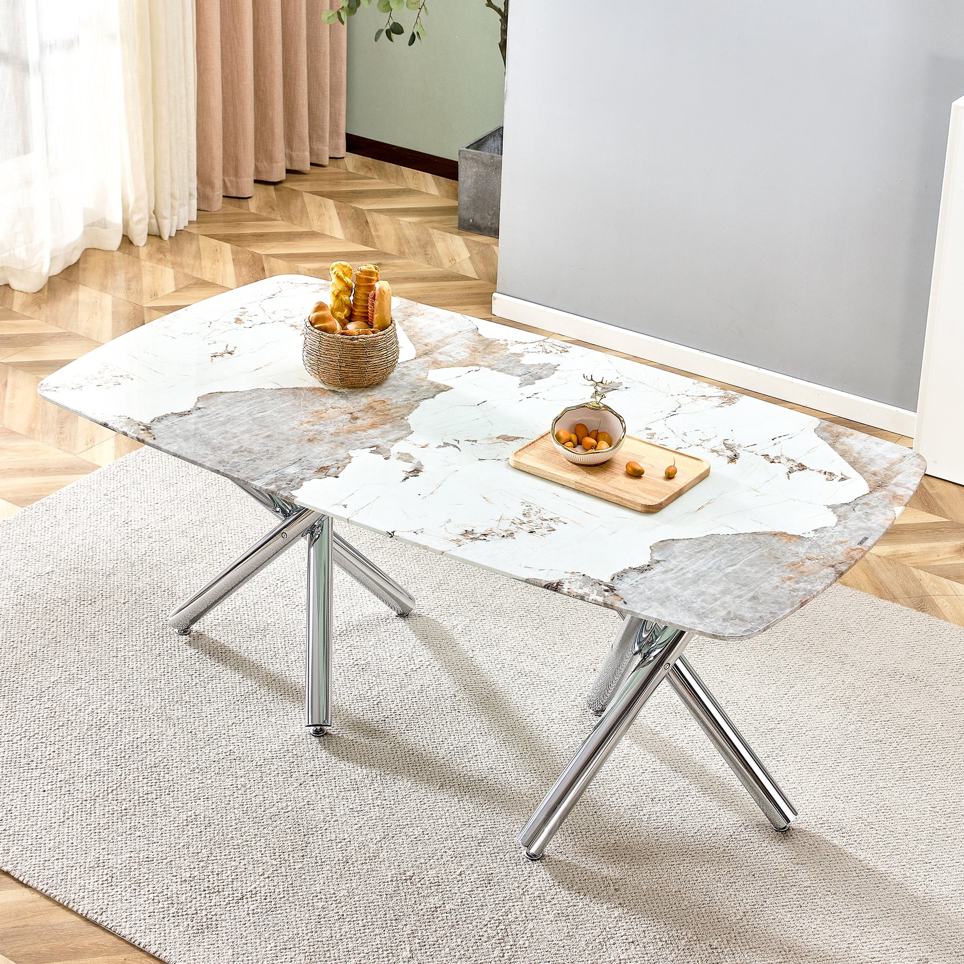 Table And Chair Set.A Rectangular Dining Table Suitable For 4 8 People, Equipped With A Marble Patterned Glass Tabletop And Metal Legs.4 Chairs With Faux Leather Upholstered Seats And Silver Legs. Black Silver Seats 4 Glass Metal