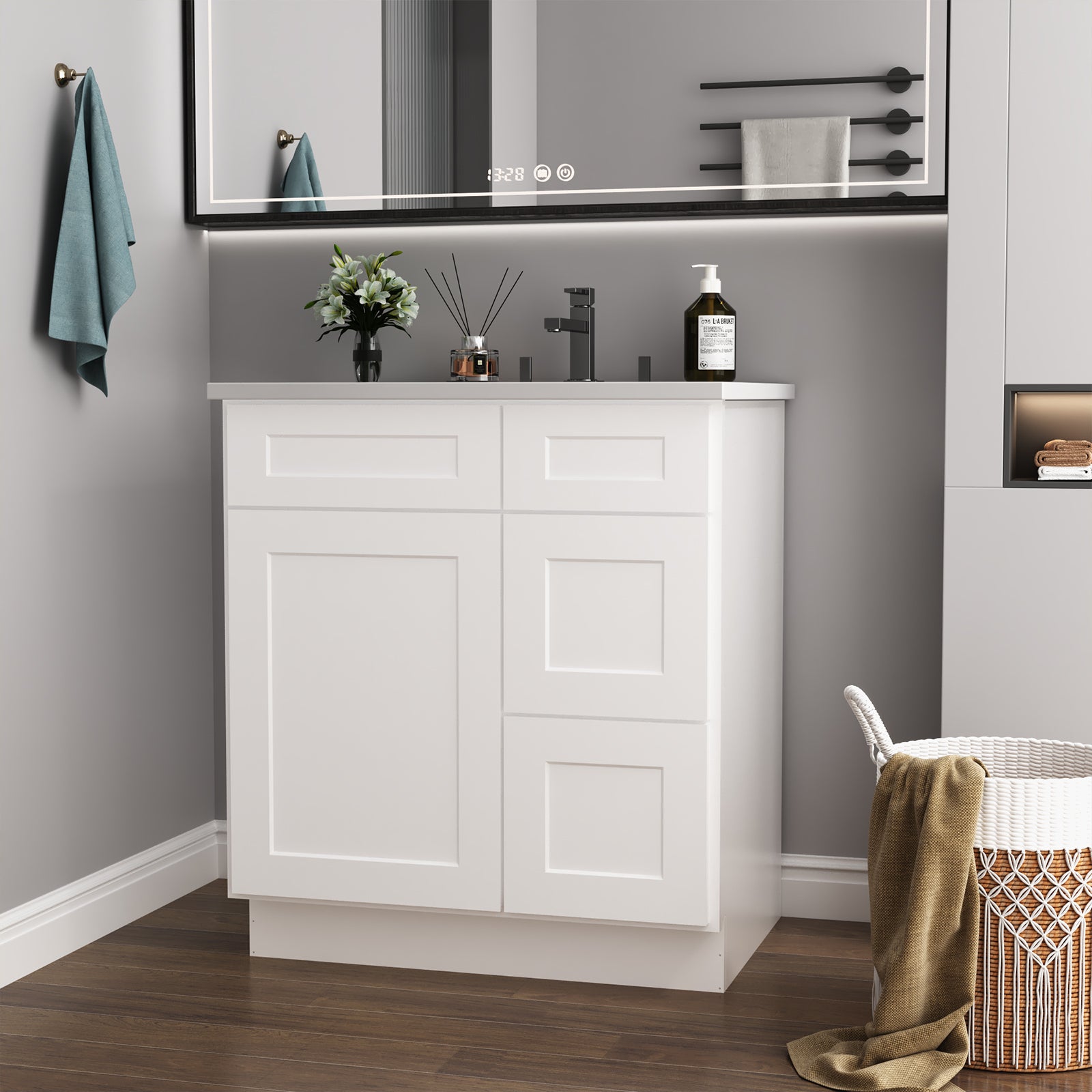 30 In. W X 21 In. D X 34.5 In. H In Shaker White Plywood Ready To Assemble Floor Vanity Sink Base Kitchen Cabinet With Right Door White Plywood