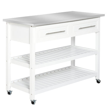 Homcom Kitchen Island With Stainless Steel Top, Open Shelves, And Drawers, Gray White Pine