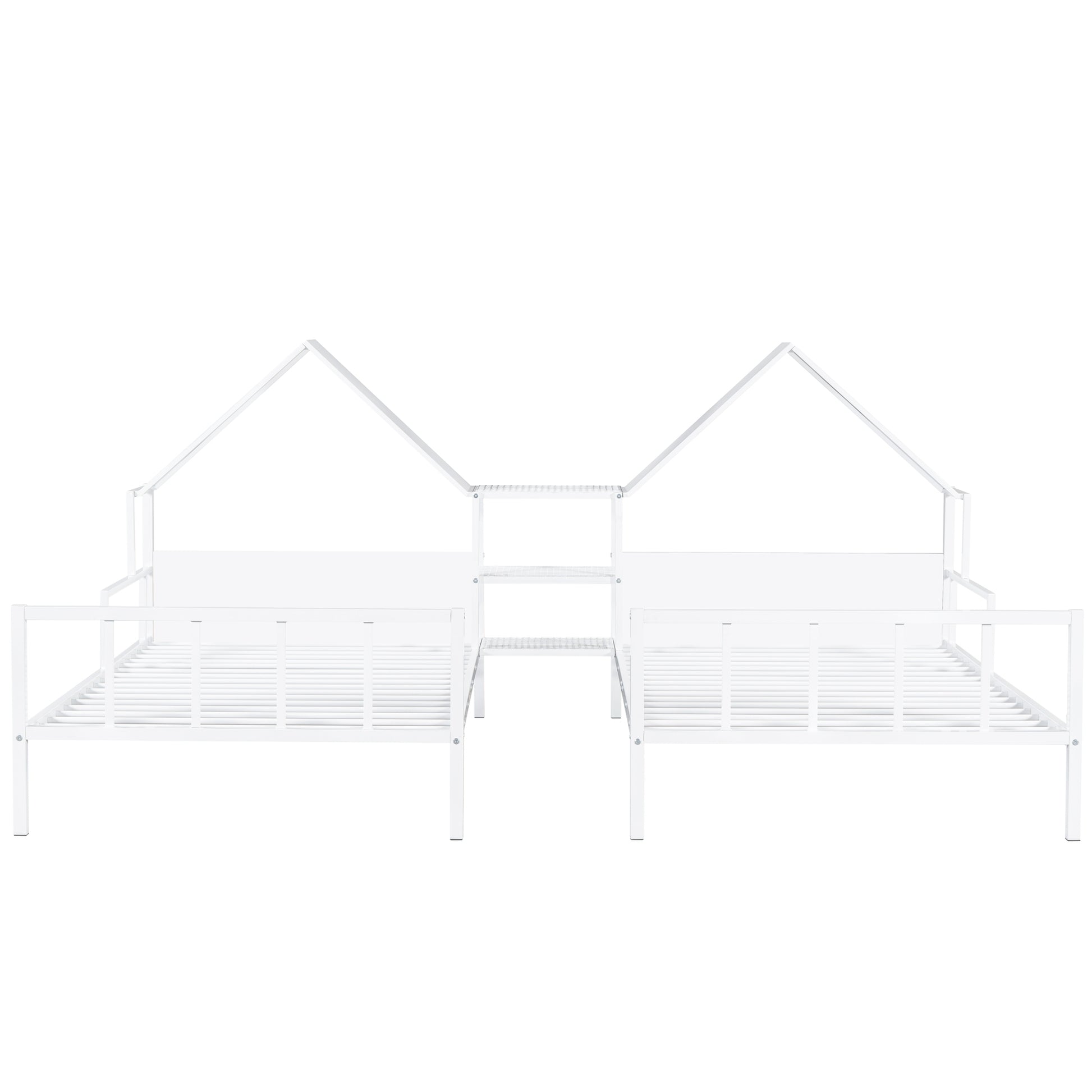 Metal Double Twin Size Platform Bed With House Shaped Headboard And A Built In Nightstand, White Box Spring Not Required Twin White Metal Metal