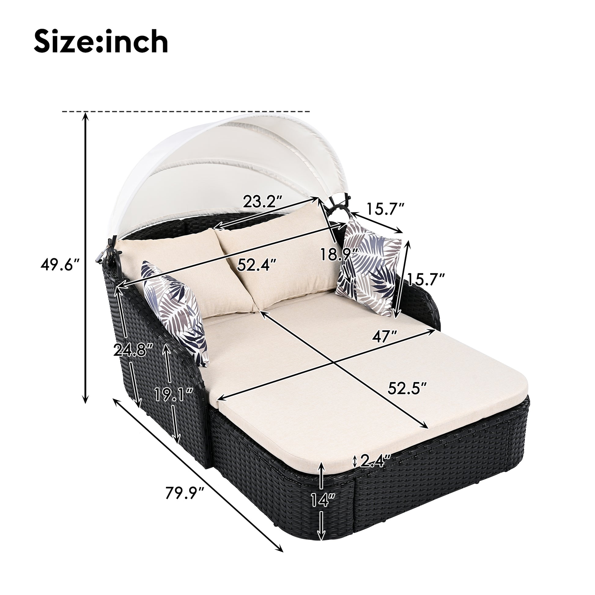 79.9" Outdoor Sunbed With Adjustable Canopy, Double Lounge, Pe Rattan Daybed, Black Wicker And Beige Cushion Yes Beige Black Wicker