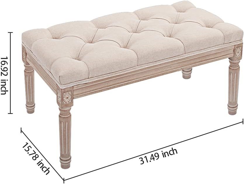 Traditional Rectangle Tufted Ottoman Bench In Beige Linen Look Fabric, For The Living Room And Bedroom Beige Rubber Wood