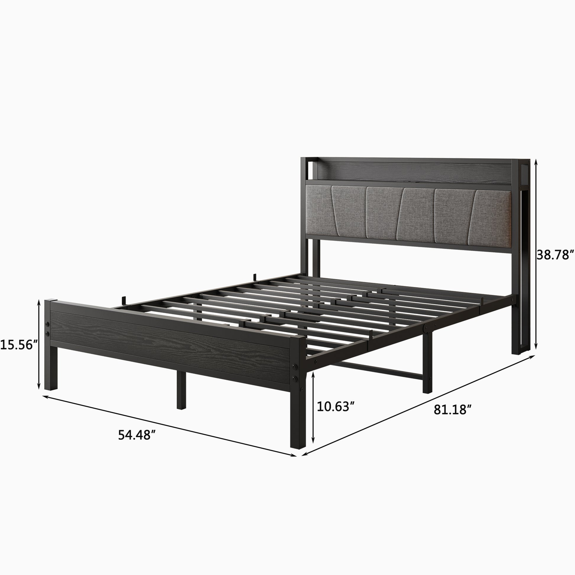 Full Size Bed Frame, Storage Headboard With Charging Station, Solid And Stable, Noise Free, No Box Spring Needed, Easy Assembly Box Spring Not Required Full Black Iron Bedroom Bed Frame Metal & Wood