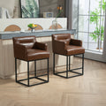 Coolmore Counter Height Bar Stools Set Of 2, Modern Barrel Bar Stool With Backrest And Arms, Black Metal Frames, Upholstered Bar Stools For Kitchen Island, Pub, Club Brown Pu Foam Pu Leather