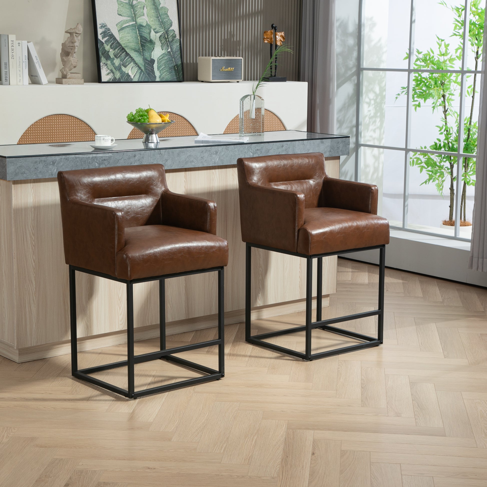 Coolmore Counter Height Bar Stools Set Of 2, Modern Barrel Bar Stool With Backrest And Arms, Black Metal Frames, Upholstered Bar Stools For Kitchen Island, Pub, Club Brown Pu Foam Pu Leather