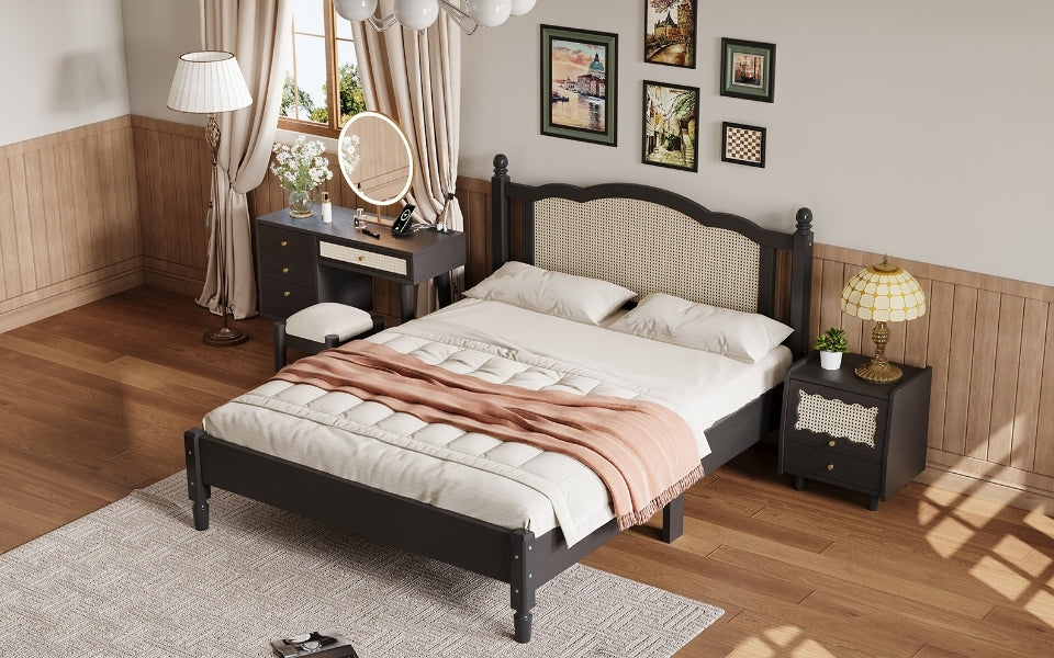 3 Pieces Bedroom Set With Full Size Wooden Bed Frame, 1 Vintage Nightstand And 1 Makeup Vanity Set With Stool,Black Expected Arrival Time: 08.23 Full Black 3 Piece Set Wood
