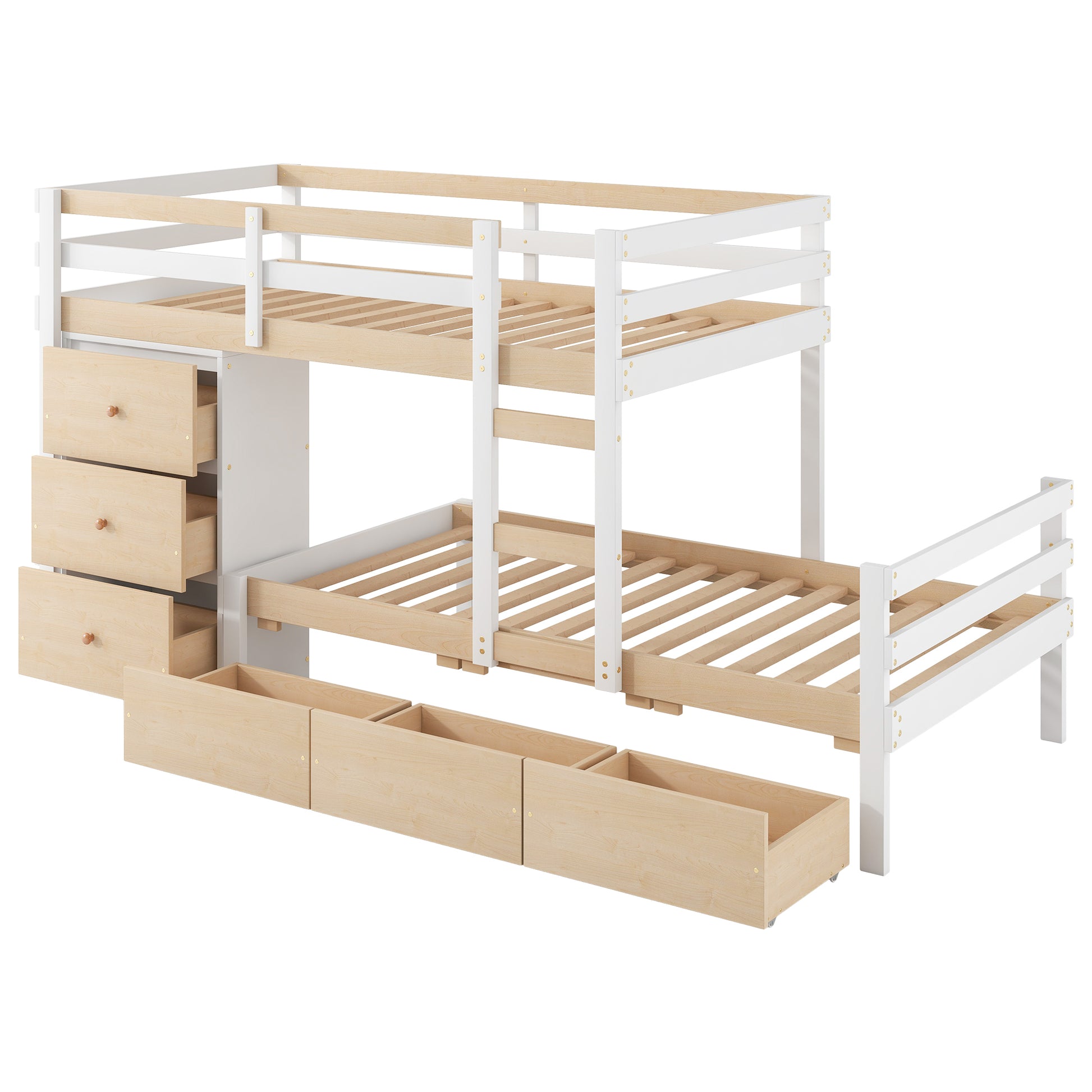 Twin Over Twin Loft Bunk Bed With Drawers And Ladder, Natural Twin Natural Pine