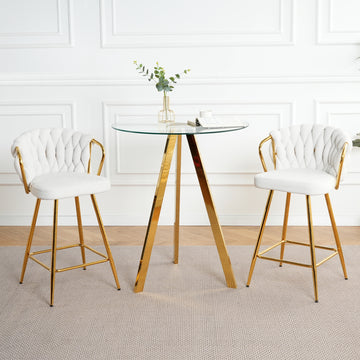 Stylish White Cotton And Linen Design, Gold Plated Metal Table Legs, Round Tempered Glass Countertop, Bar Chair Cover, Suitable For Bar, Restaurant, Bedroom Bar Chair, Set Of 3 Metal White Seats 2