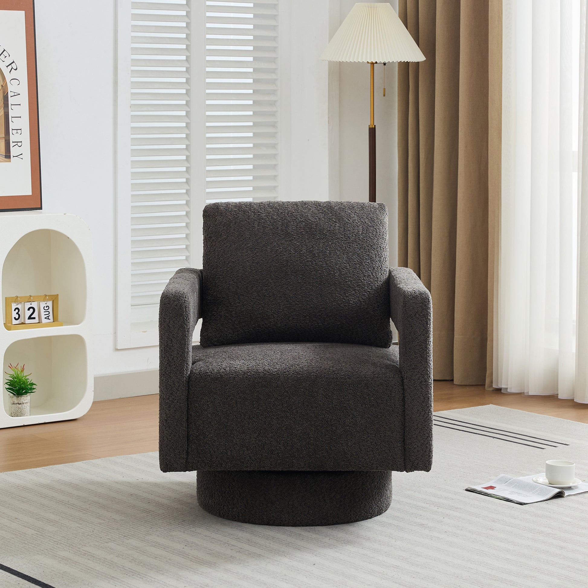 29.13" W Square Swivel Accent Chair, Modern Rotating Arm Chair With Open Back,360 Degree Rotation, Lounge Club Chair With Removable Back Cushion For Living Room, Hotel, Bed Room,Charcoal Charcoal
