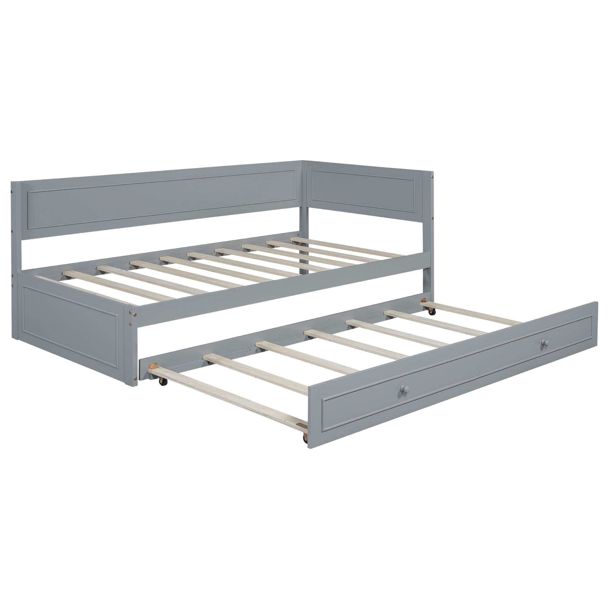 Twin Size Wood Daybed With Trundle And Guardrail, Gray Box Spring Not Required Gray Wood Solid Wood Mdf