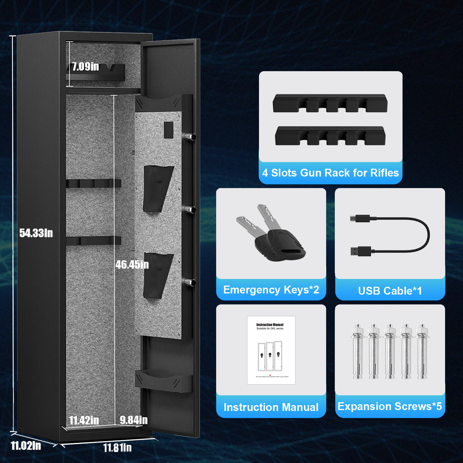 High Security Steel Rifle Cabinet 4 5 Capacity, Electronic Lock, Solid Bolts, Dual Alarms, Silent Operation, Led Lighting Black Steel