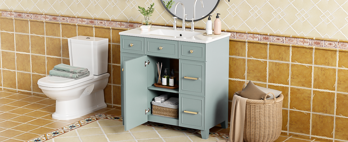 36" Bathroom Vanity With Ceramic Sink, Green, Solid Wood Frame, Soft Close Doors, Adjustable Shelves, 3 Drawers ,Including Double Depth Drawer For Hairdryer Storage Old Sku:Sv000003Aag 1 Green