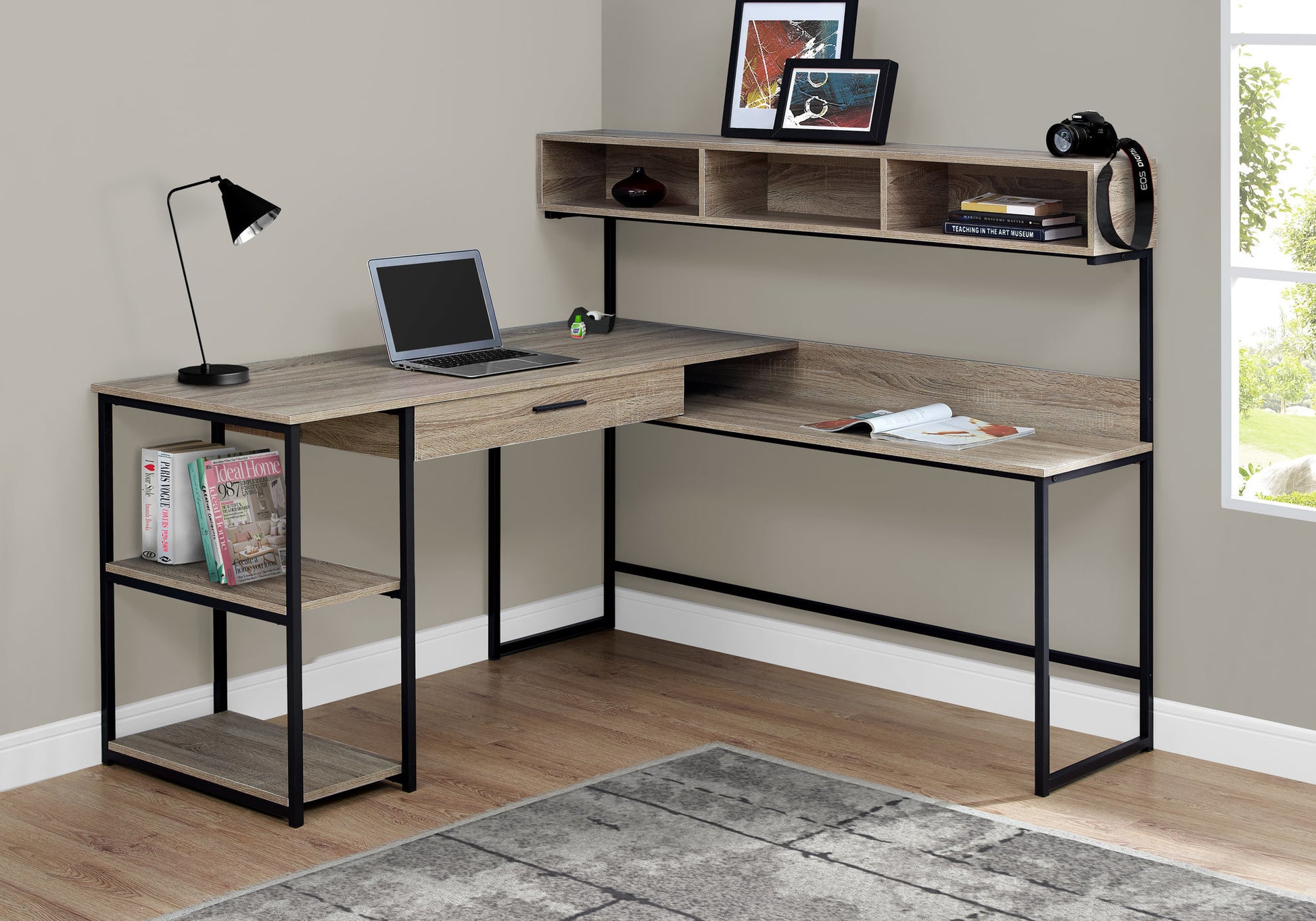 Computer Desk, Home Office, Corner, Storage Drawers, L Shape, Work, Laptop, Brown Laminate, Black Metal, Contemporary, Modern Taupe Mdf