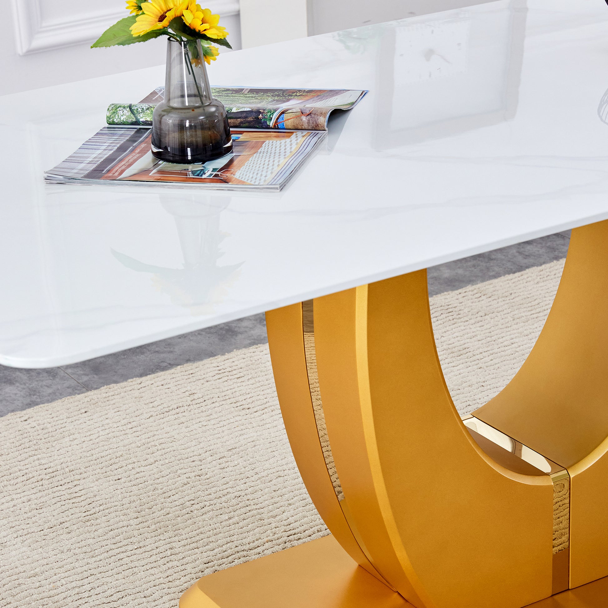 Table And Chair Set, Modern Minimalism And Luxurious White Rectangular Pattern Dining Table. Soft And Comfortable Dining Chairs For Dining Rooms, Living Rooms, Terraces And Kitchens. White Seats 6 Mdf Glass