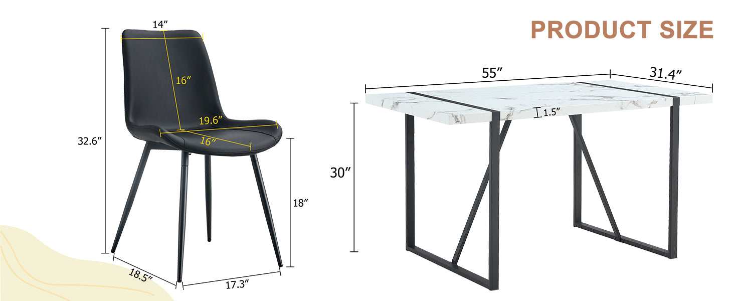 Table And Chair Set.A Modern Minimalist White Marble Veined Mdf Dining Table With Metal Frame.Paried With 6 Chairs With Pu Cushions And Black Metal Legs. Black,White Seats 6 Mdf Metal