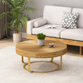 Modern Round Coffee Table Wooden Carving Pattern Coffee Table With Metal Legs For Living Room Reception Room Office Golden Natural Gold Pine