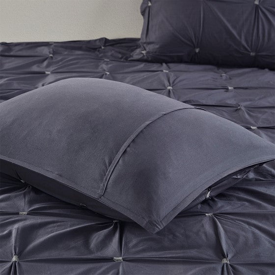 3 Piece Elastic Embroidered Cotton Duvet Cover Set Queen Dark Navy Cotton